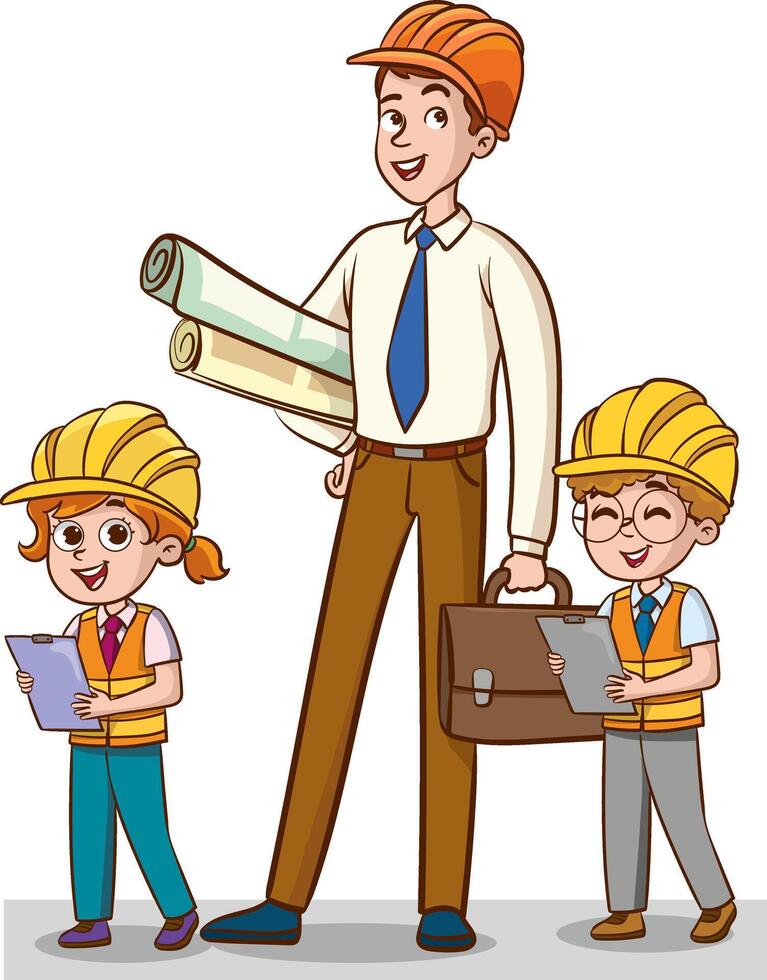 Architects and kids engineers with construction plans. Vector illustration in cartoon style