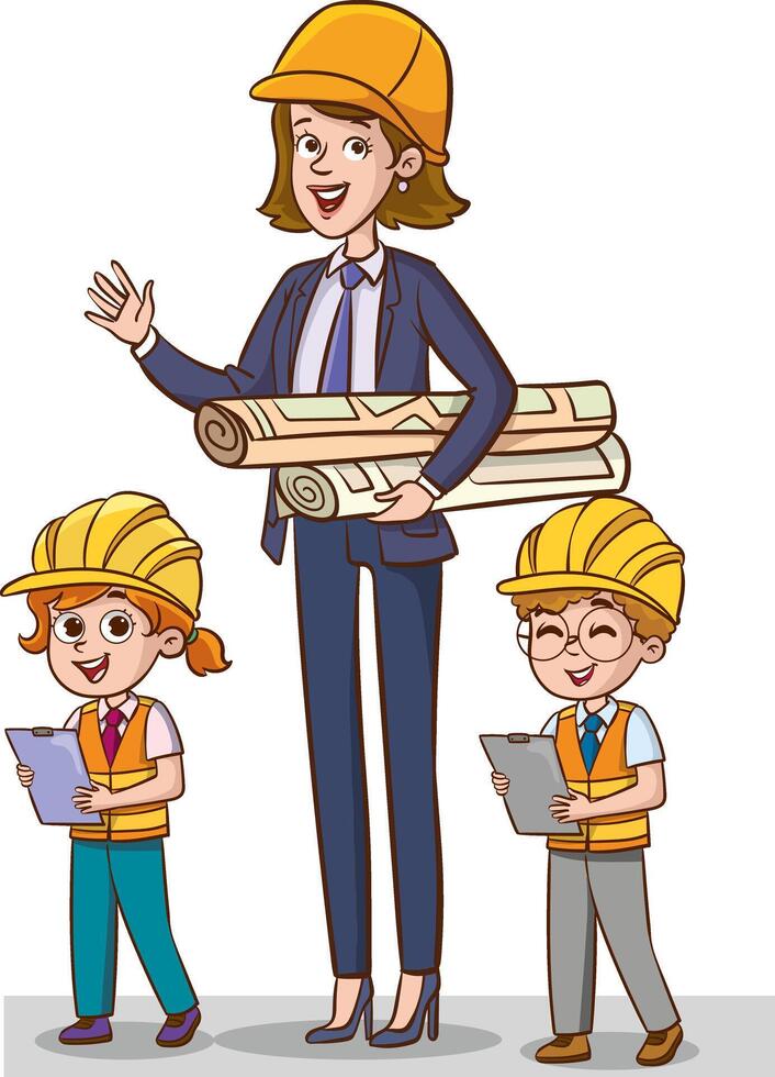 Architects and kids engineers with construction plans. Vector illustration in cartoon style