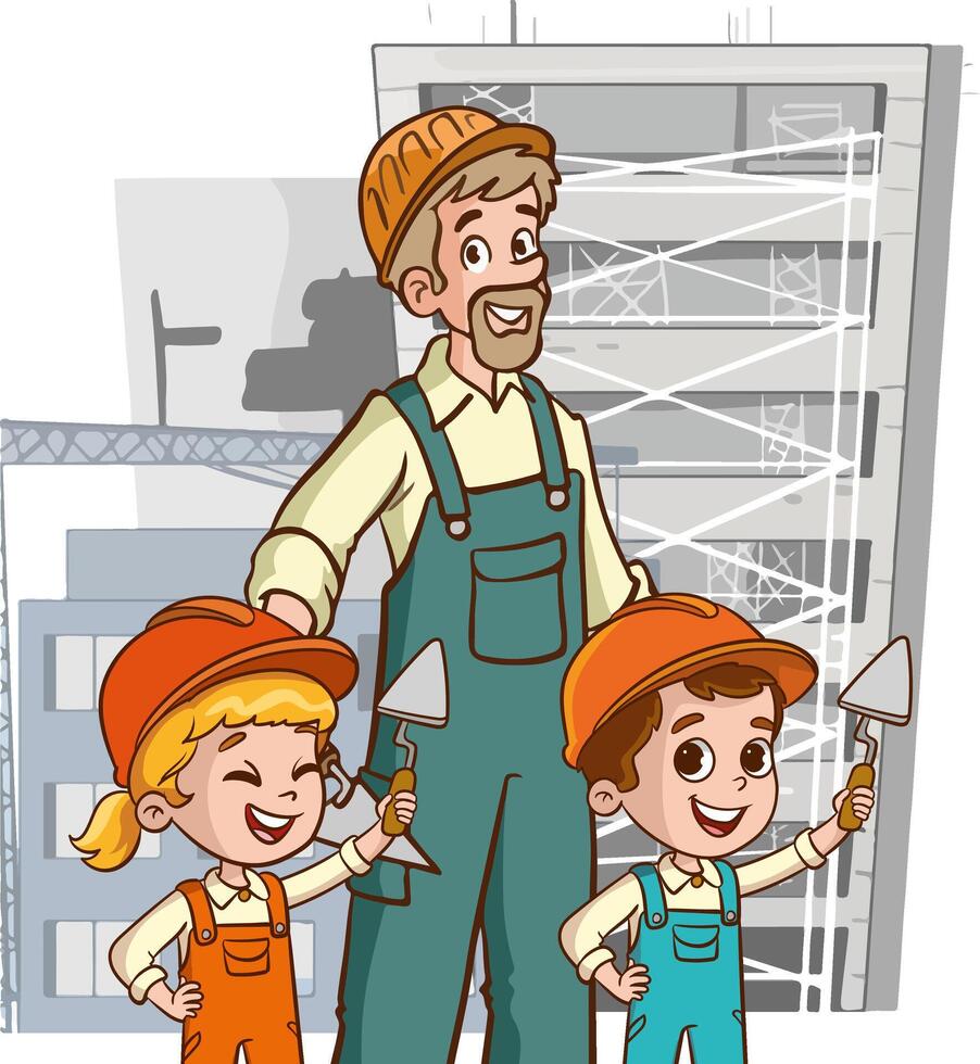 vector illustration of a construction worker with his children in uniform