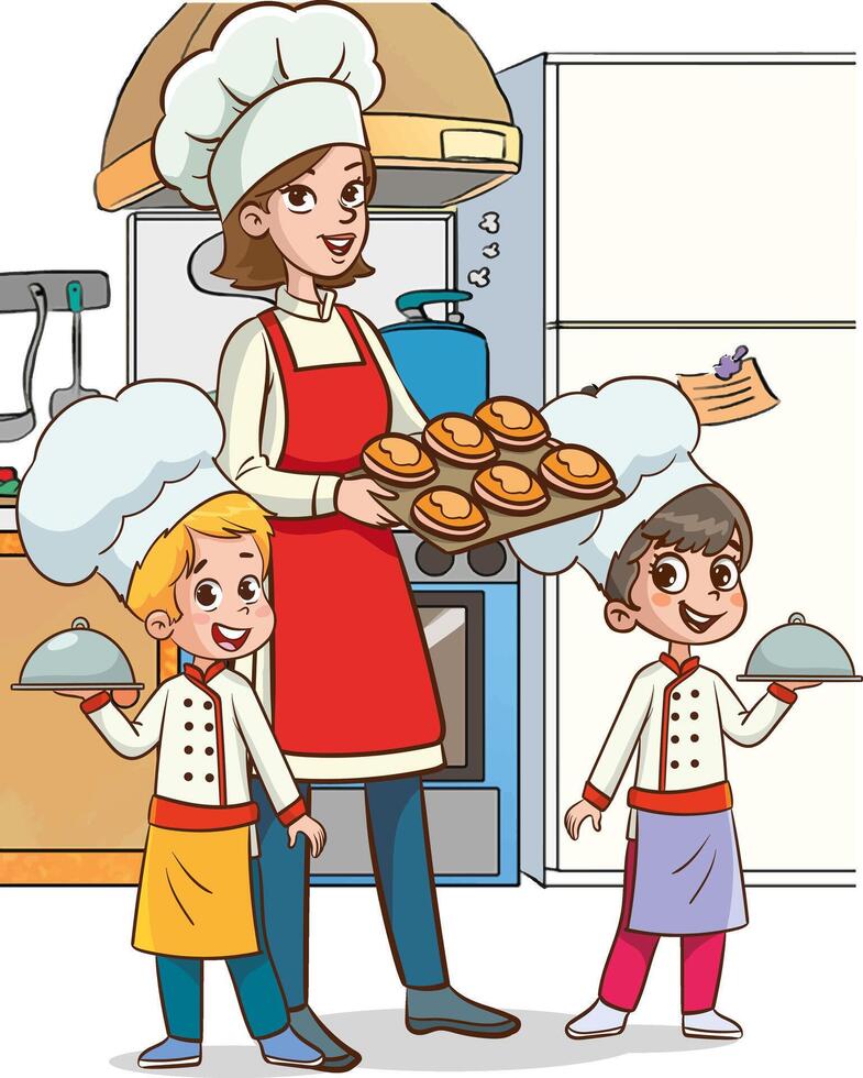 Mother and kids cooking in the kitchen. Vector illustration of a cartoon style.