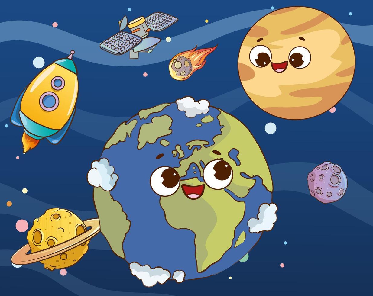 Cute cartoon planet earth in space with rocket, moon and stars vector