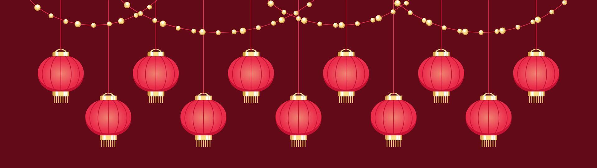 Hanging Chinese Lanterns Banner Border, Lunar New Year and Mid-Autumn Festival Graphic vector