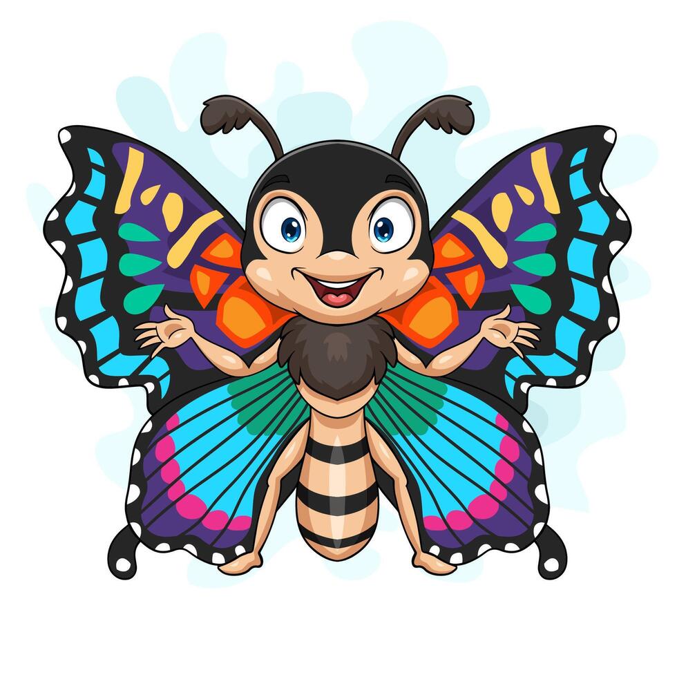 caricatura, divertido, mariposa, vuelo, blanco, plano de fondo vector