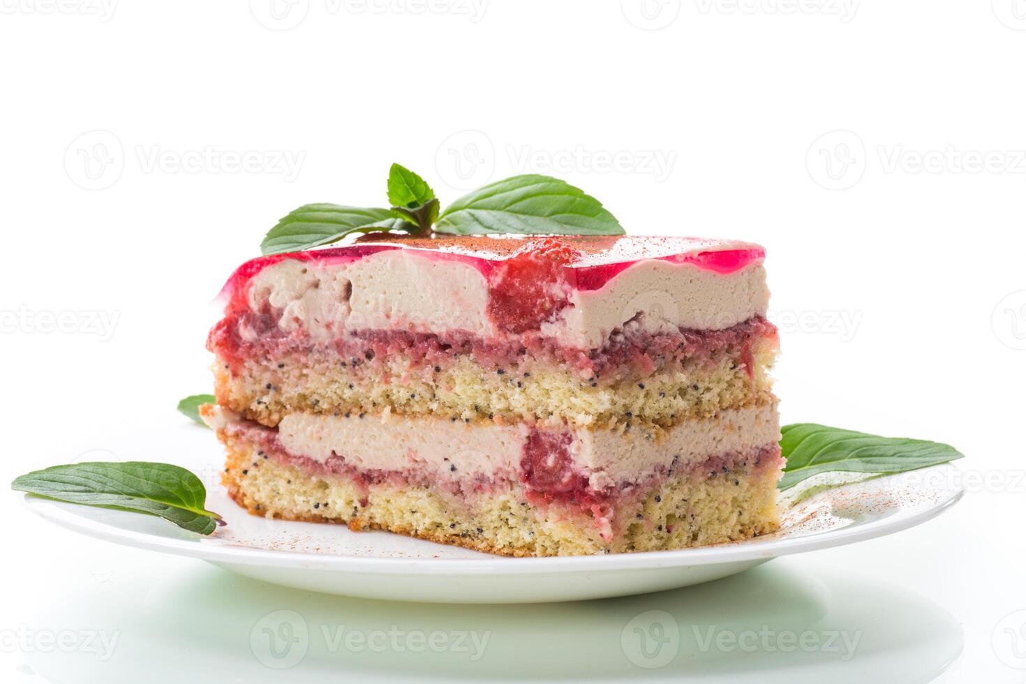 strawberry poppy cake with cream in a plate photo