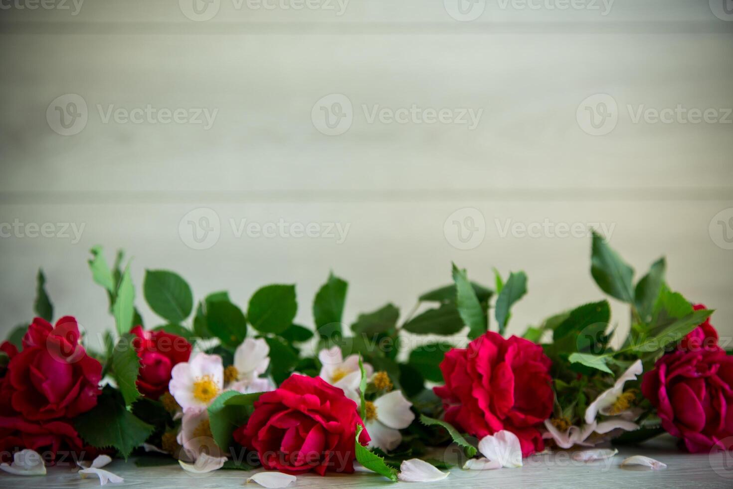 background of many red roses on a light wooden photo