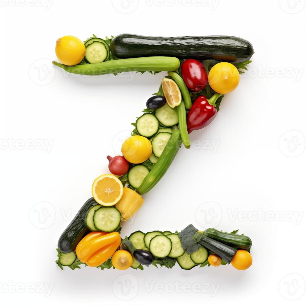 AI generated Z letter out of vegetables and fruits isolated on white background. photo