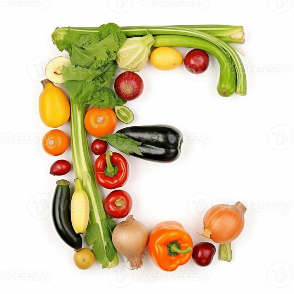 AI generated E letter out of vegetables and fruits isolated on white background. photo