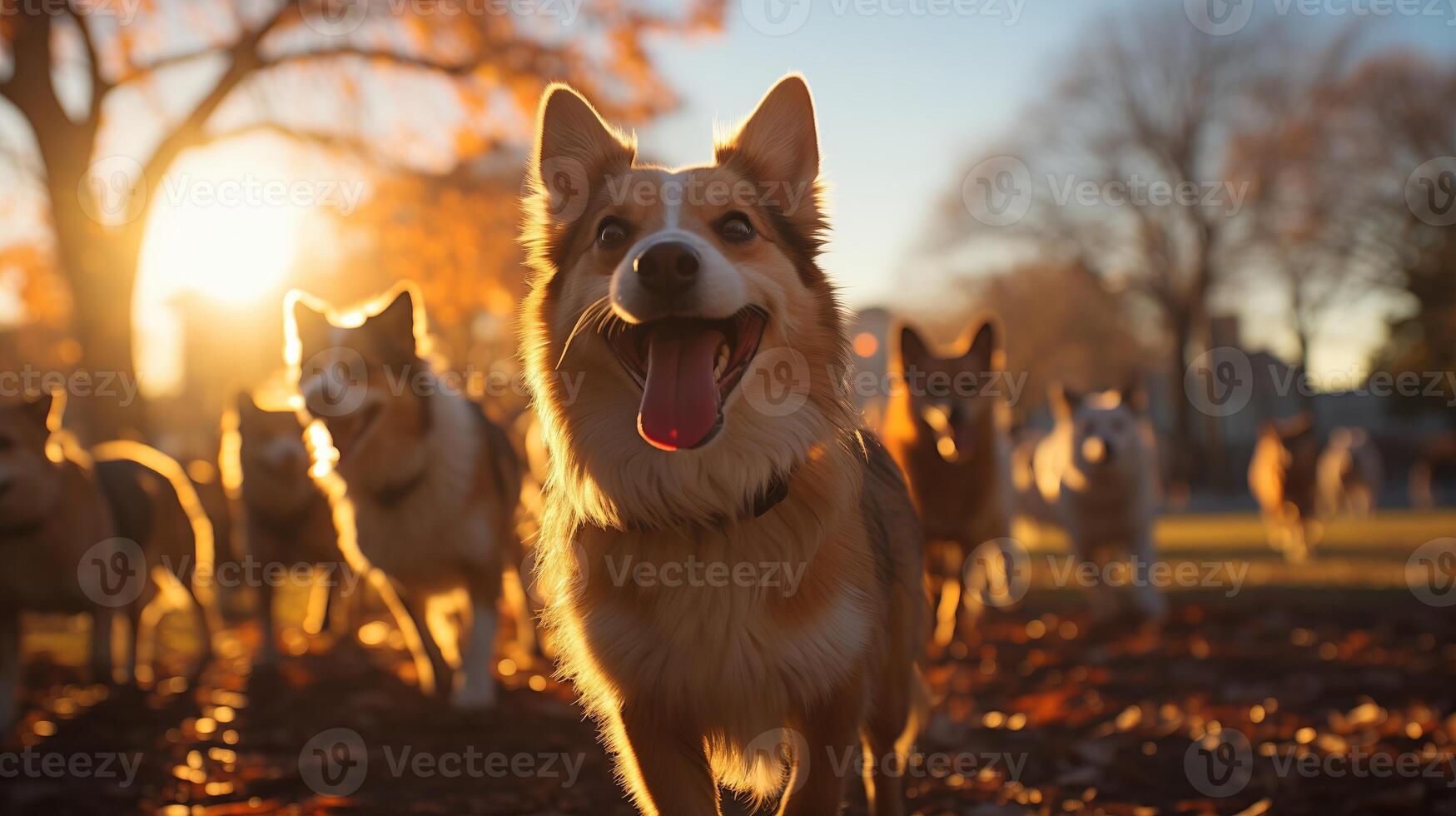 AI generated Dog park camaraderie joyful and heartwarming, morning, wide-angle shot of dogs socializing at the park. photo