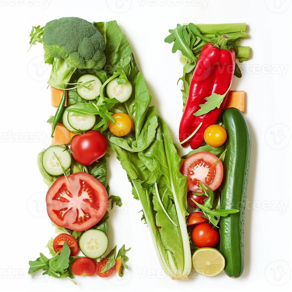 AI generated N letter out of vegetables and fruits isolated on white background. photo