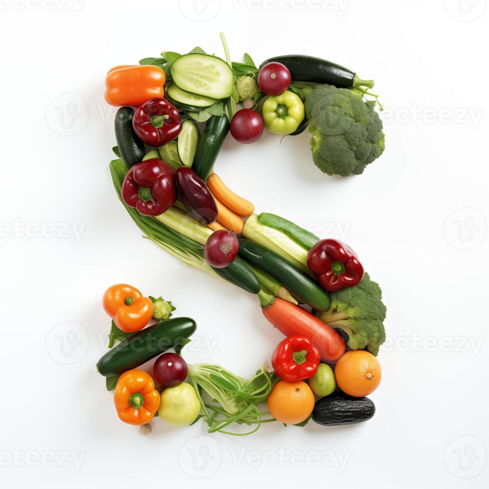 AI generated S letter out of vegetables and fruits isolated on white background. photo