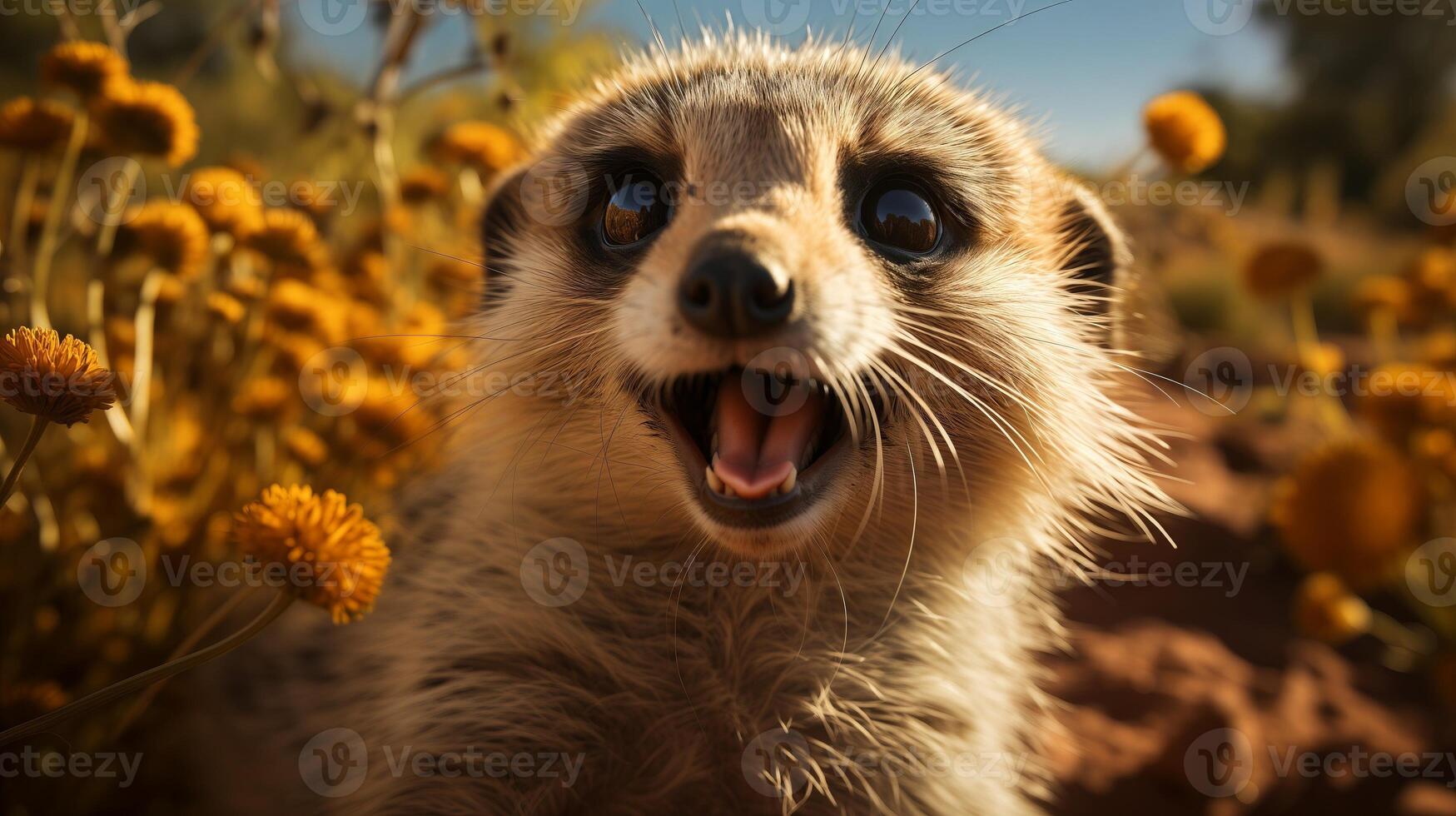 ai generado suricata juguetón cerca arriba Disparo fondo de pantalla. foto