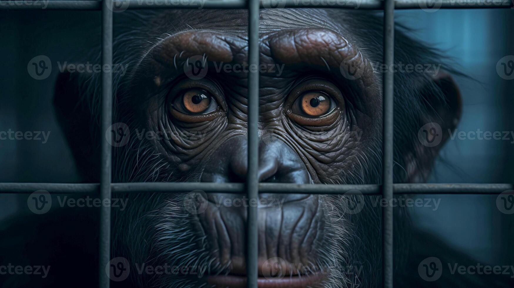 AI generated Chimpanzee in cage. Concept of keeping animals in captivity where they suffer. Prisoner. photo