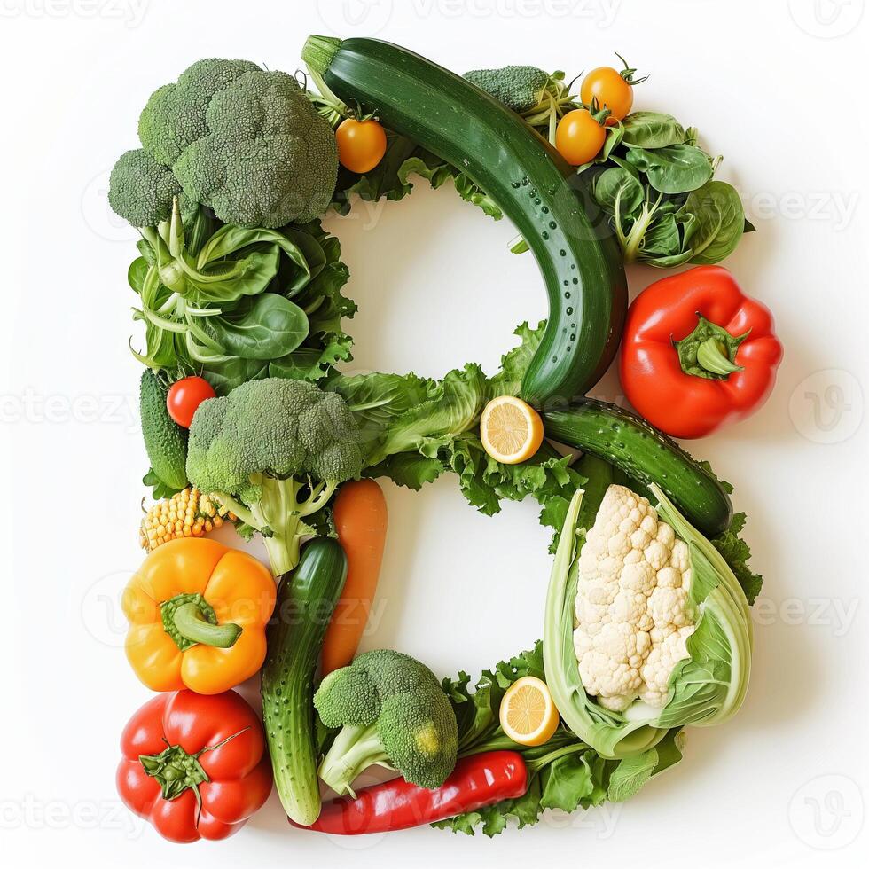 AI generated B letter out of vegetables and fruits isolated on white background. photo