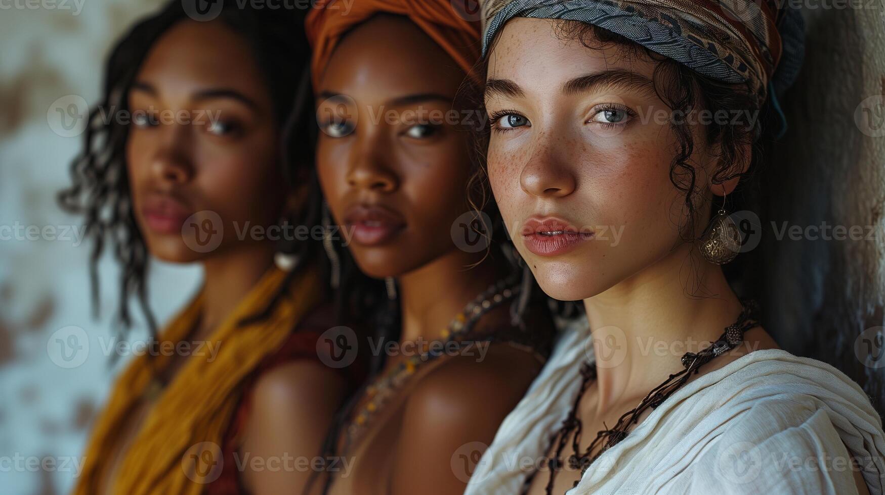 ai generado grupo de hermosa diferente etnia mujer. multi étnico belleza y amistad. retrato de diverso grupo de natural hermosa mujer foto