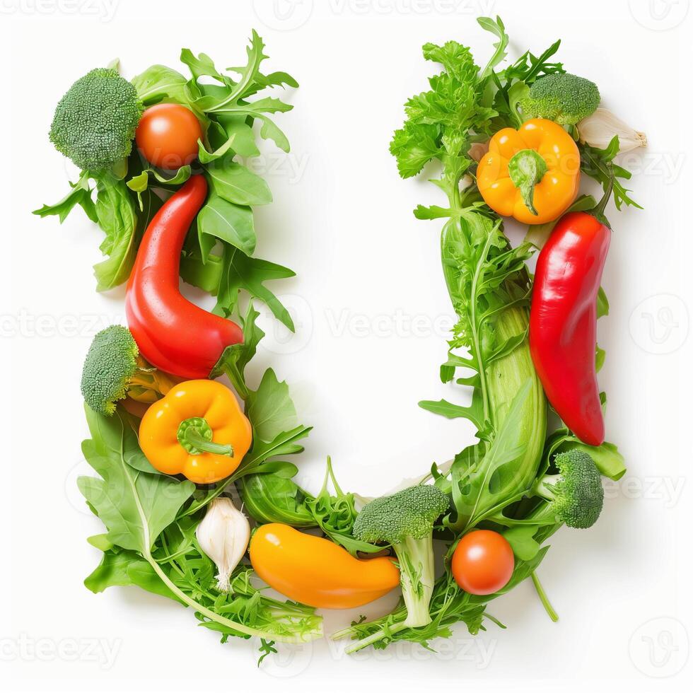 AI generated U letter out of vegetables and fruits isolated on white background. photo