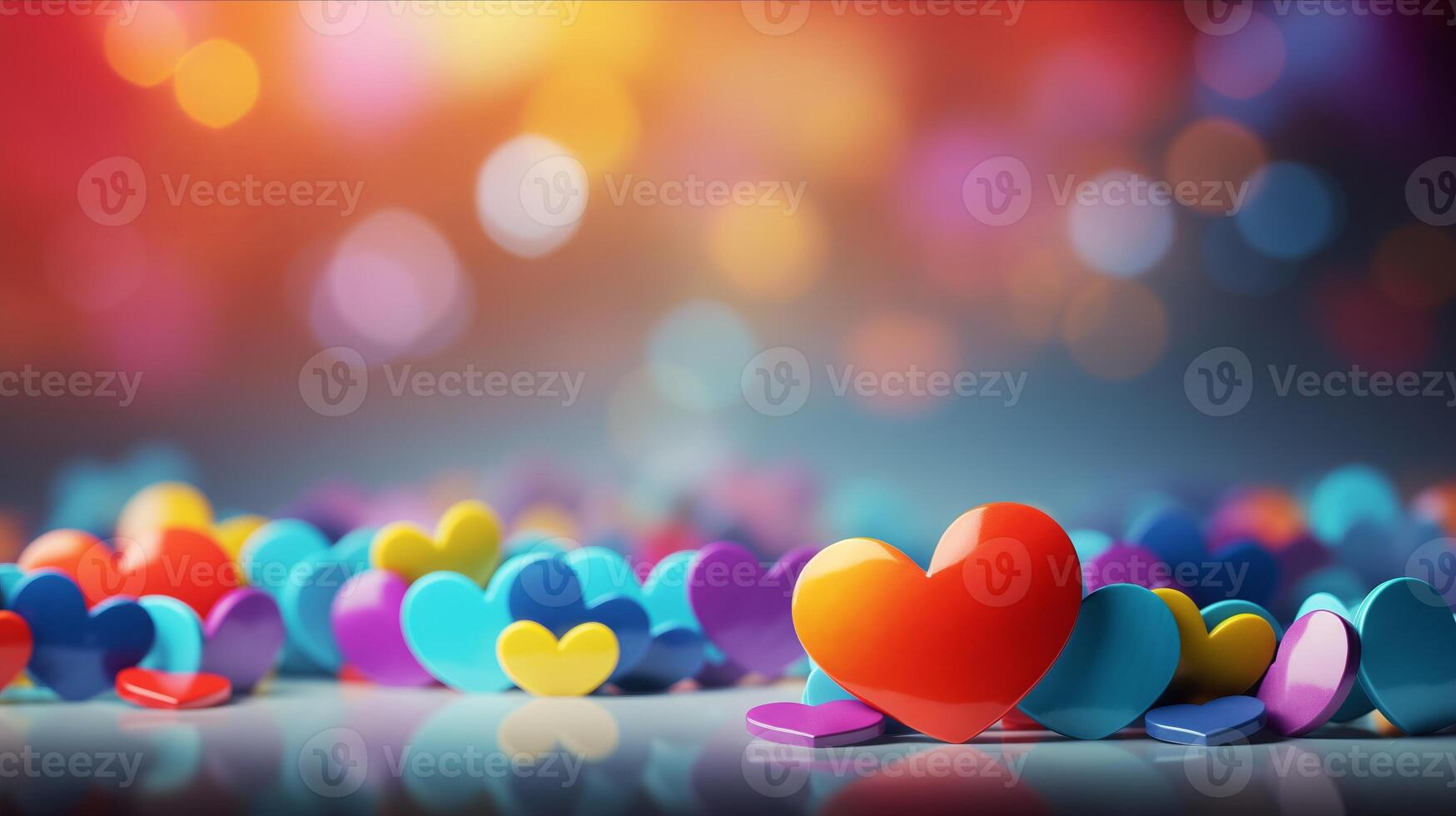 AI generated Hearts on blurred Background banner. Bokeh wallpaper. Love Concept. photo