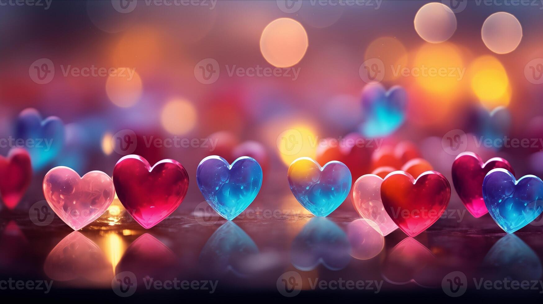 AI generated Hearts on blurred Background banner. Bokeh wallpaper. Love Concept. photo