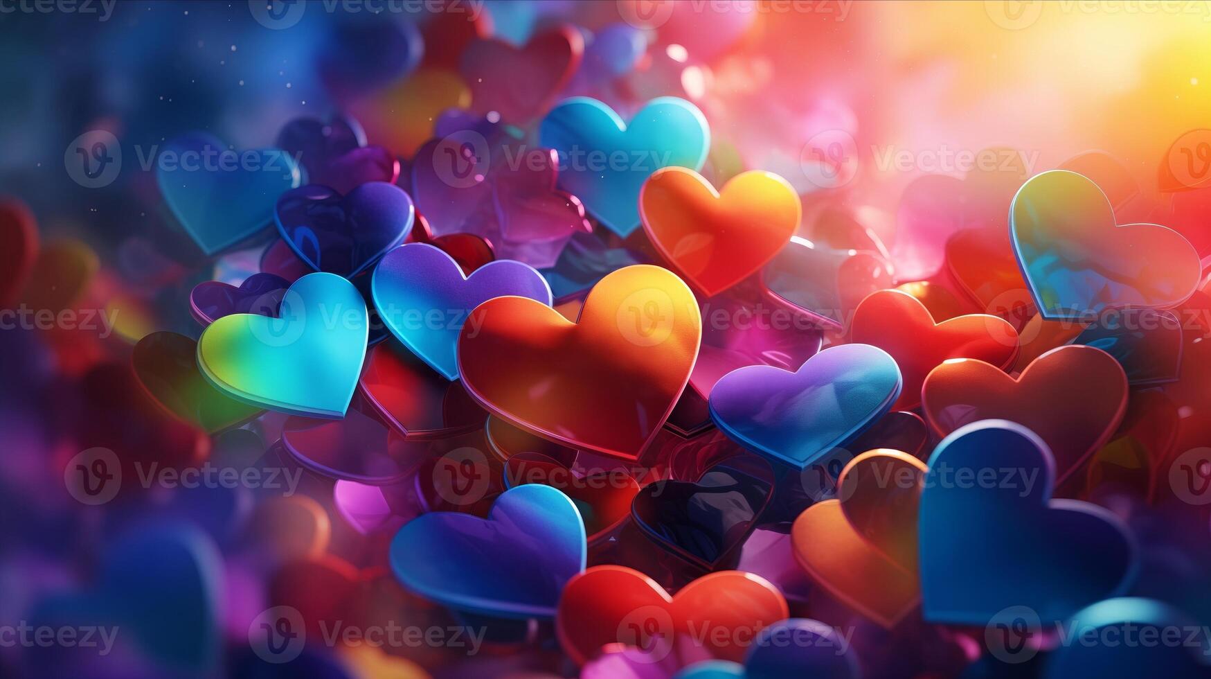 AI generated Hearts on blurred Background banner. Bokeh wallpaper. Love Concept. photo