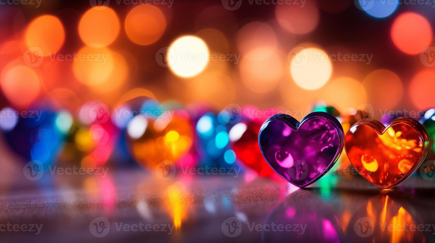 AI generated Hearts on blurred Background banner. Bokeh wallpaper. Love Concept. photo