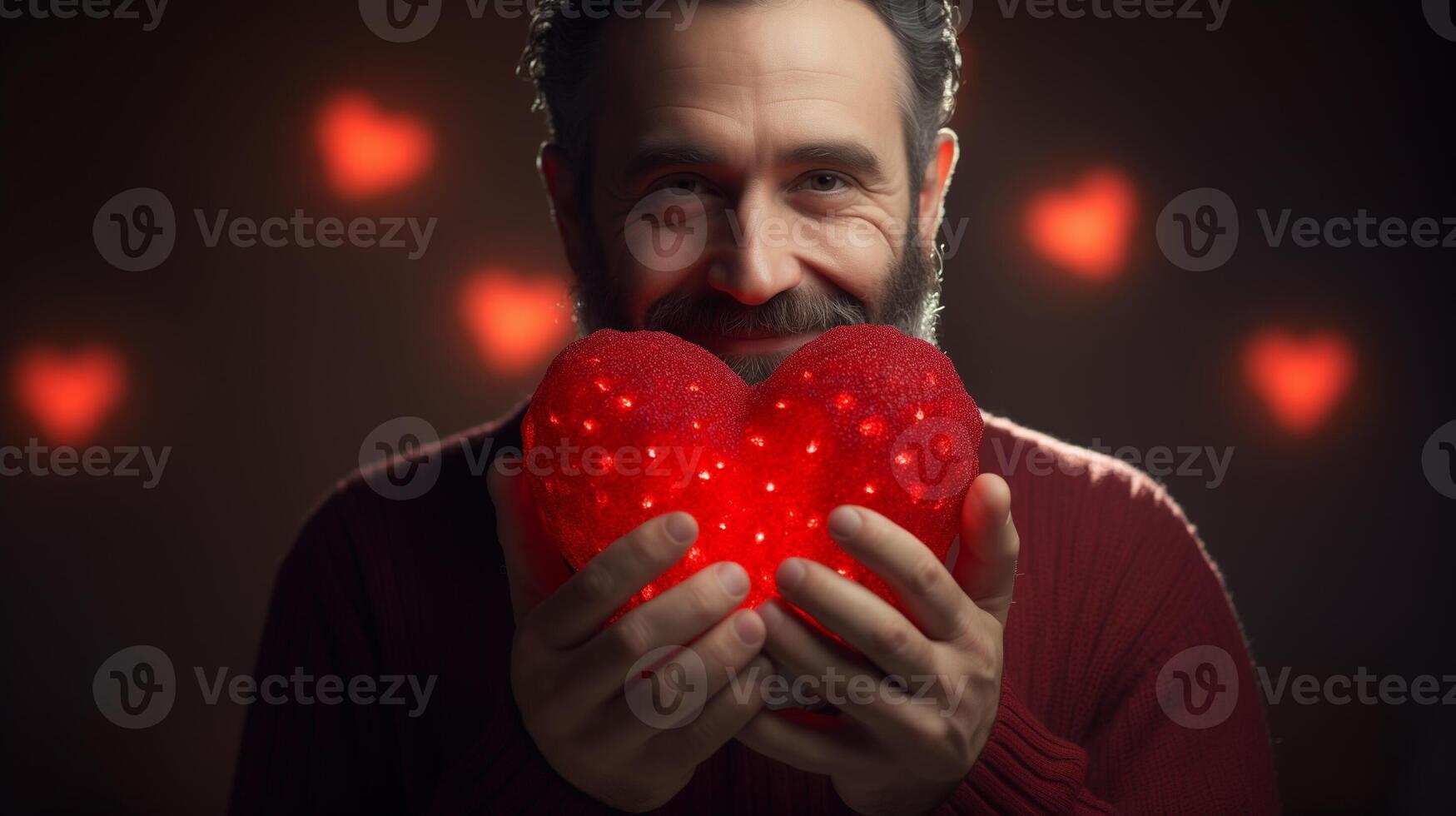 AI generated Man holding heart symbol valentine day gift. Love and romantic emotion concept. photo