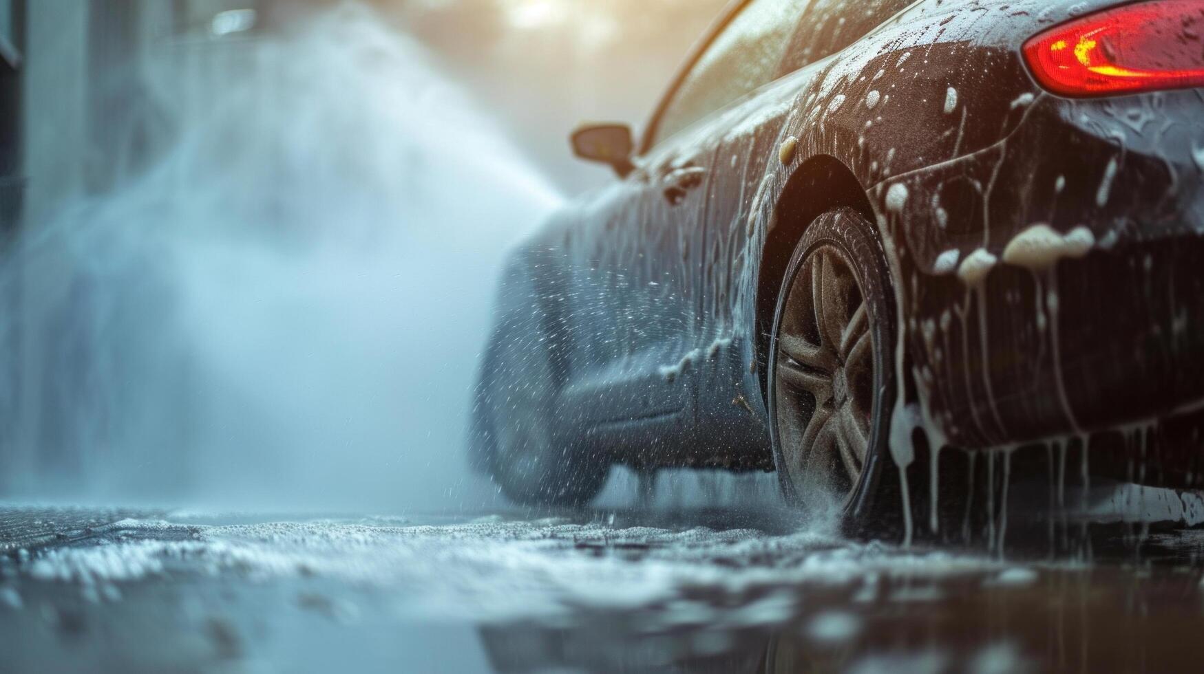 AI generated car washing advertisment background with copy space photo