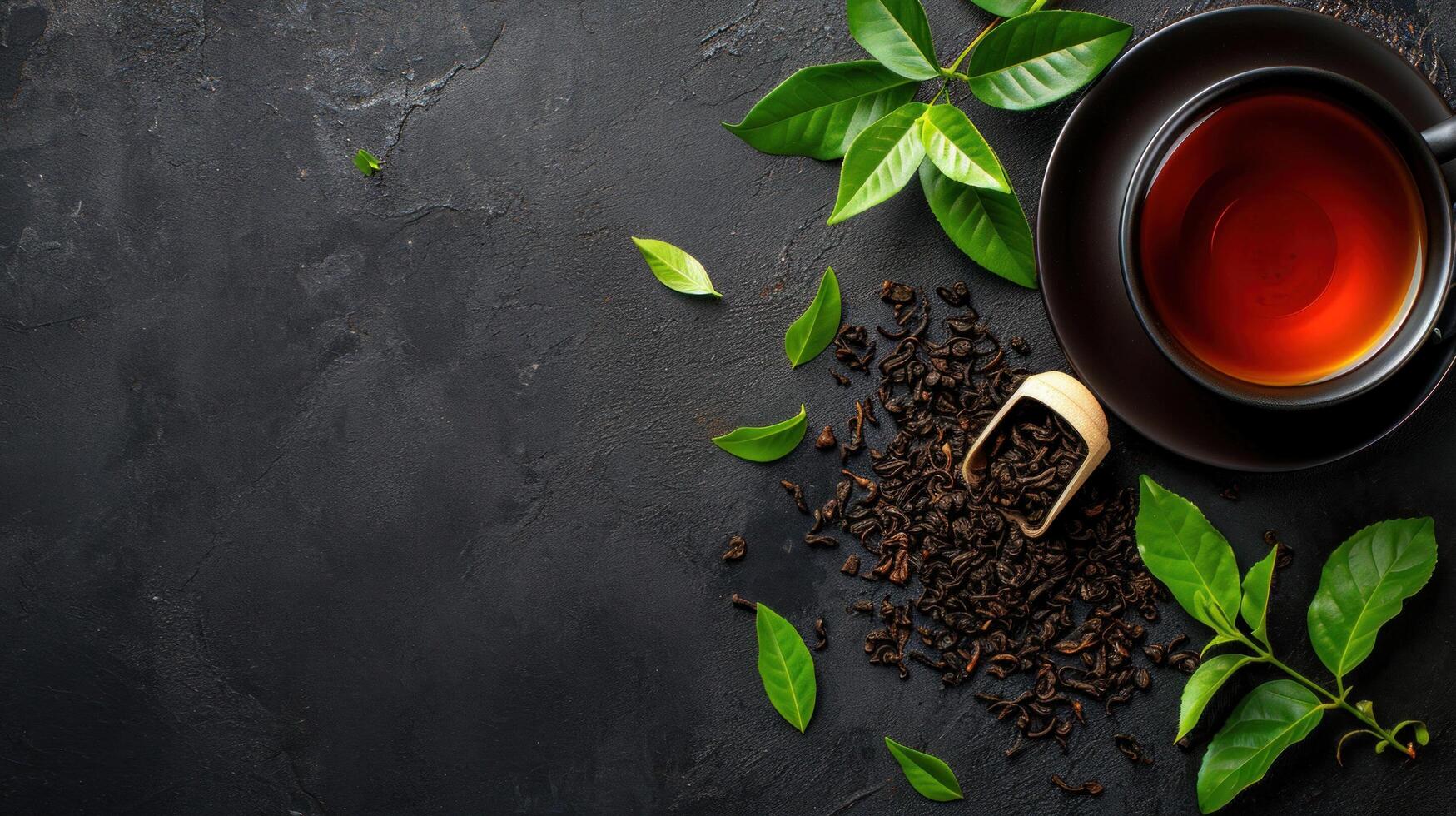 AI generated Black tea advertisment background with copy space photo