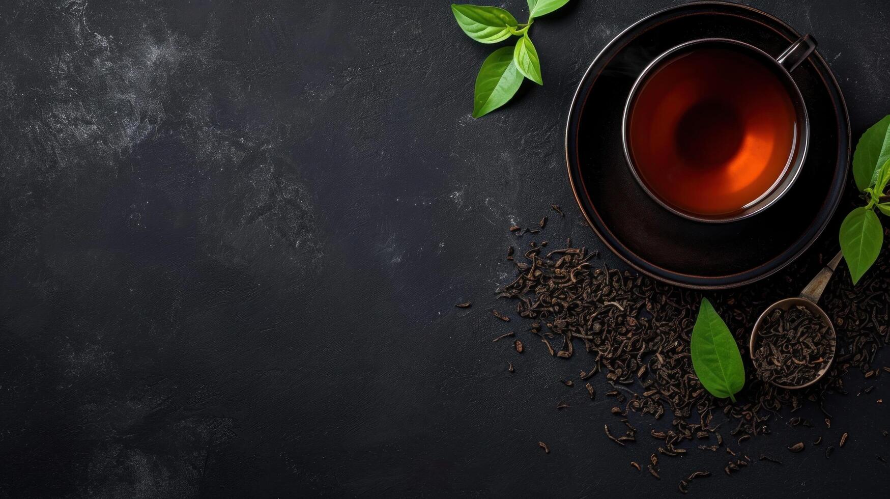 AI generated Black tea advertisment background with copy space photo