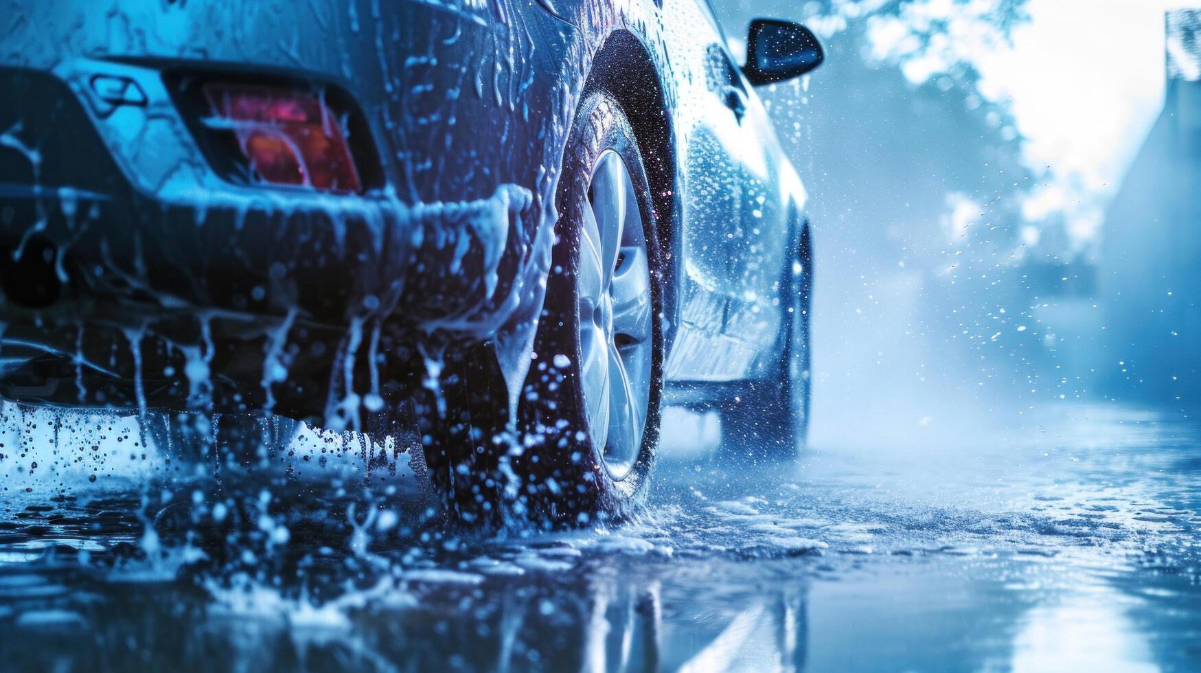 AI generated car washing advertisment background with copy space photo