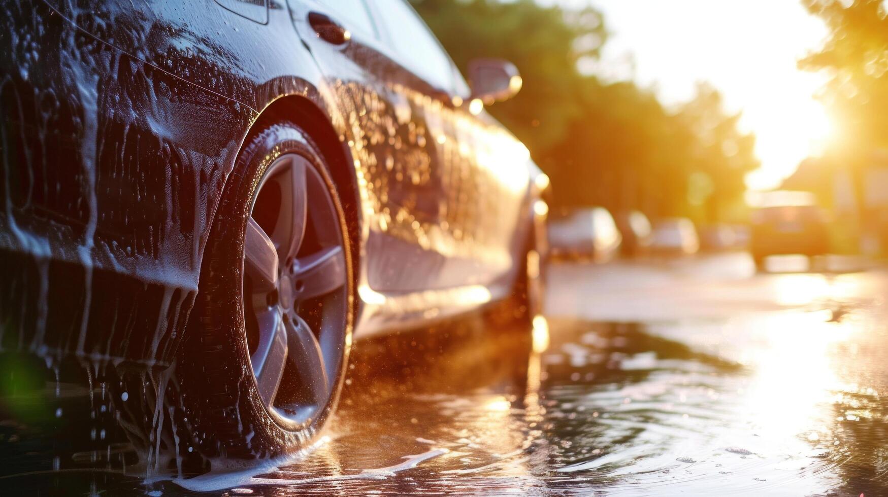 AI generated car washing advertisment background with copy space photo