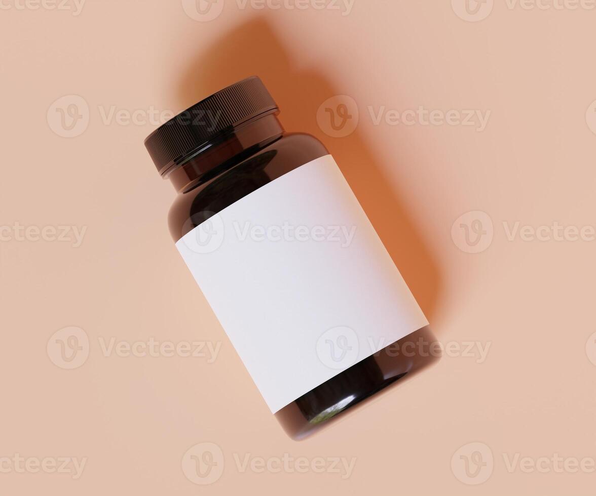 Bottle Pills Supplement Bottle Mock up. One Bottle. Blank Label. 3D Illustration. Isolated on background photo