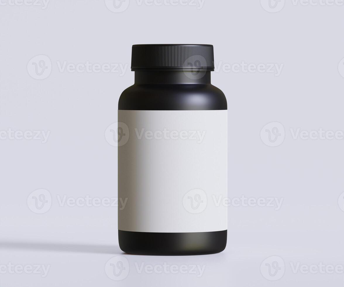 Black pill bottle white label for mockup collection. illustration 3D rendering, Perfect for medical, cosmetic, protein, pharmacy products and etc photo