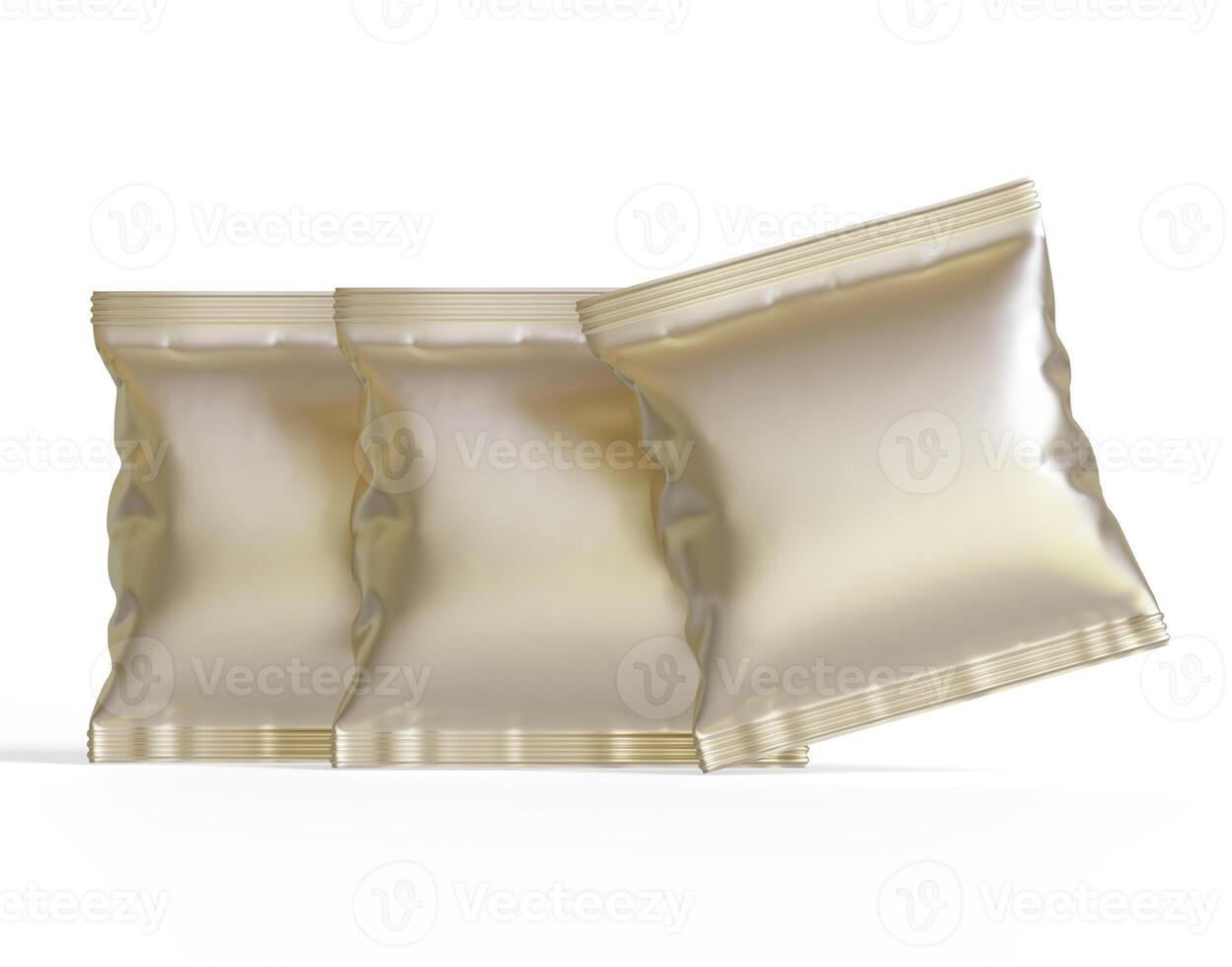 Blank white plastic and silver metallic foil bag for packaging design. Mockup template for food snack, chips, cookies, peanuts, candy. Realistic illustration Isolated on white background photo