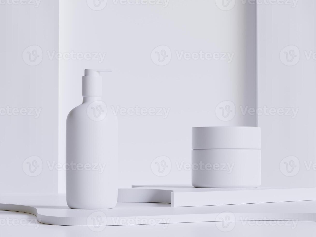 Realistic cosmetic bottle. Beauty product container set, plastic bottle illustration blank. spray bottle, cream tube and jar mockup collection on the podiun 3D. Clear spa hygiene object photo