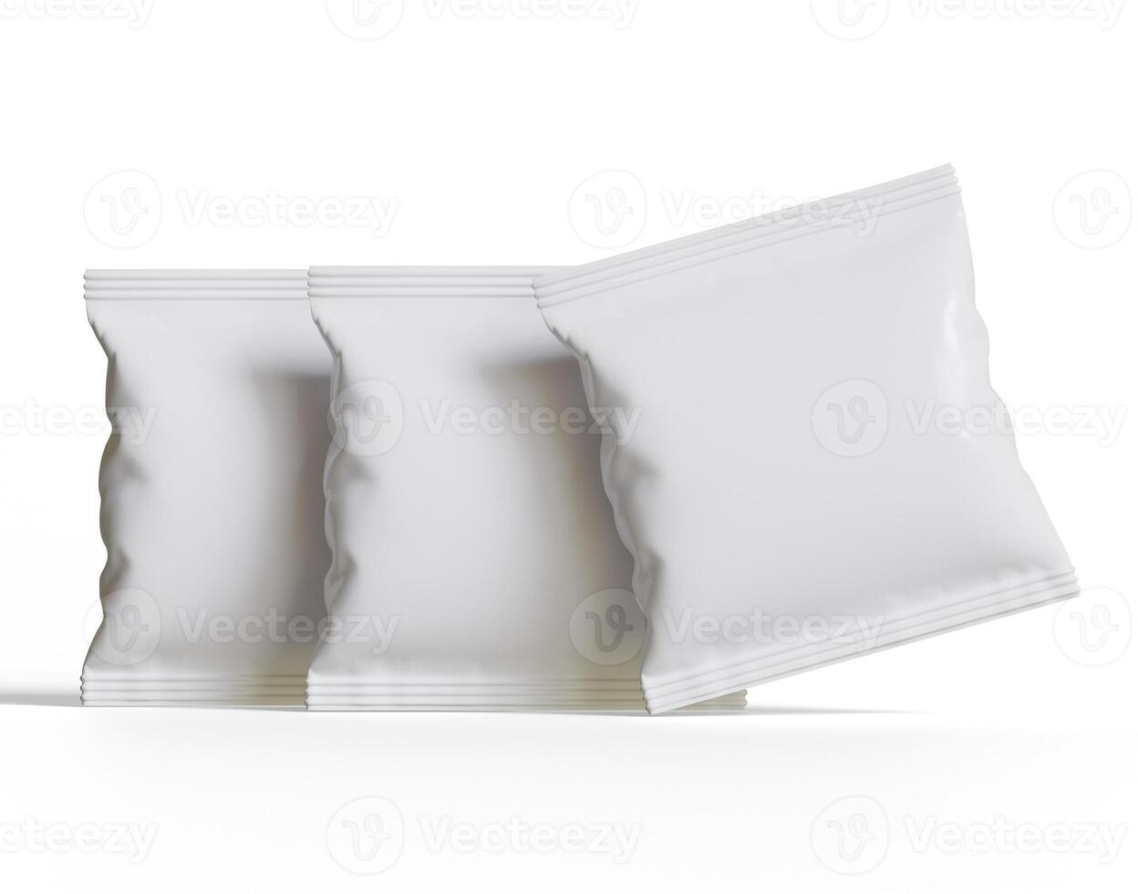 blanco el plastico bocadillo bolso Bosquejo, blanco patata papas fritas envase, 3d representación aislado en blanco antecedentes foto