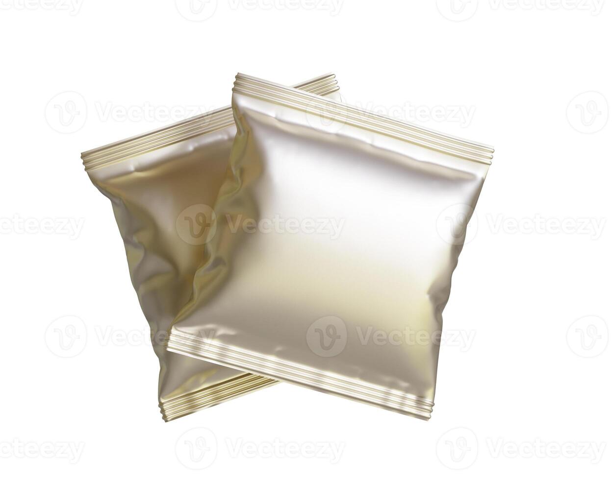 Blank white plastic and silver metallic foil bag for packaging design. Mockup template for food snack, chips, cookies, peanuts, candy. Realistic illustration Isolated on white background photo