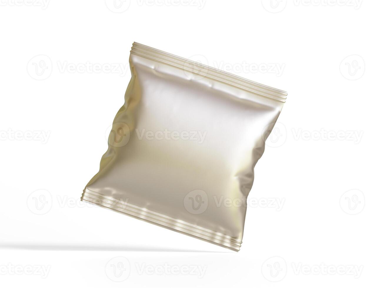 Blank white plastic and silver metallic foil bag for packaging design. Mockup template for food snack, chips, cookies, peanuts, candy. Realistic illustration Isolated on white background photo