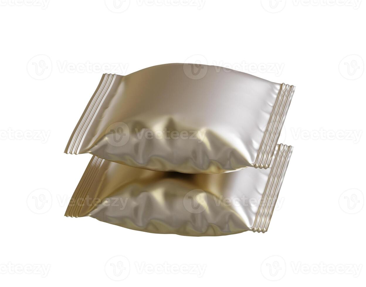 Blank white plastic and silver metallic foil bag for packaging design. Mockup template for food snack, chips, cookies, peanuts, candy. Realistic illustration Isolated on white background photo