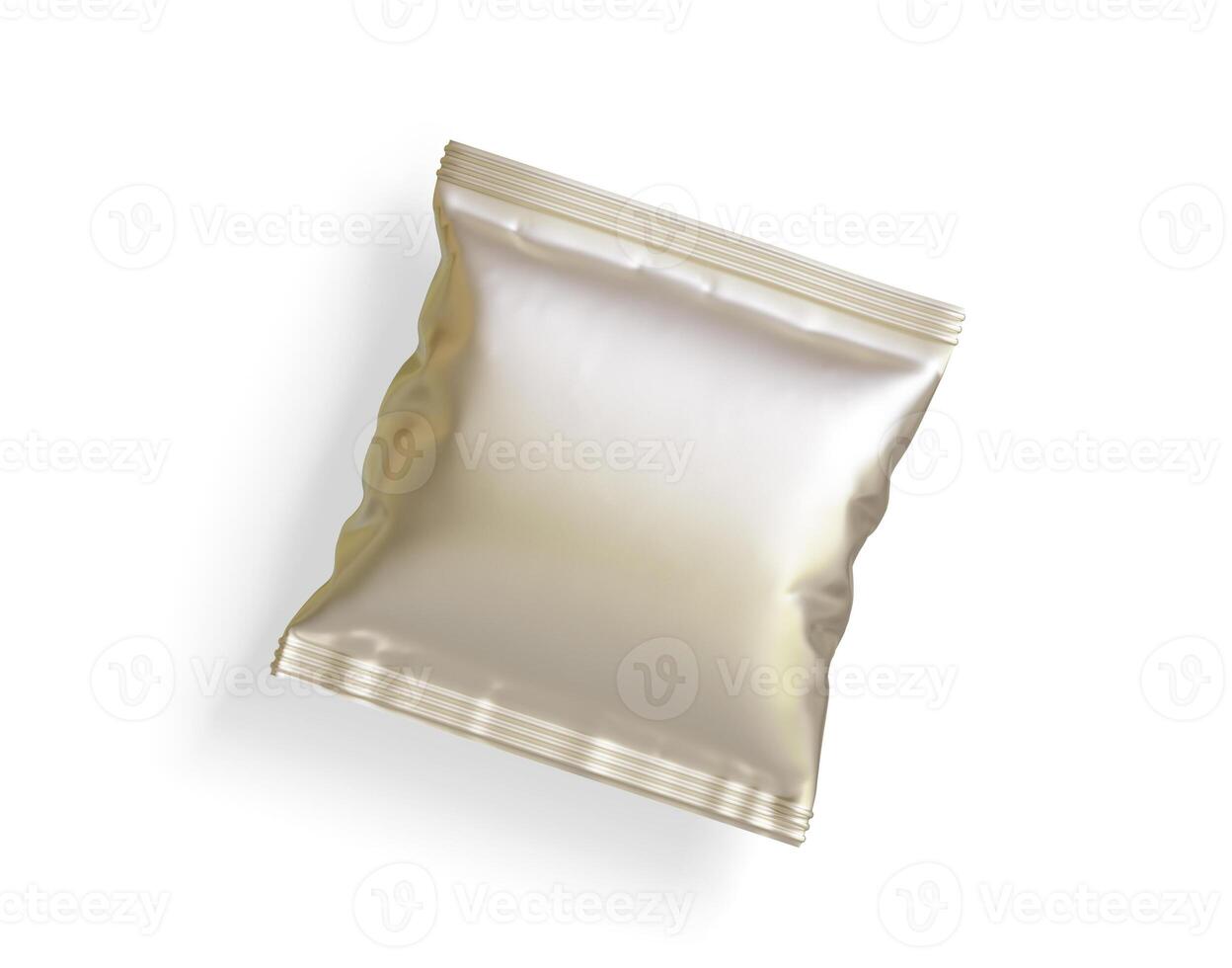 Blank white plastic and silver metallic foil bag for packaging design. Mockup template for food snack, chips, cookies, peanuts, candy. Realistic illustration Isolated on white background photo