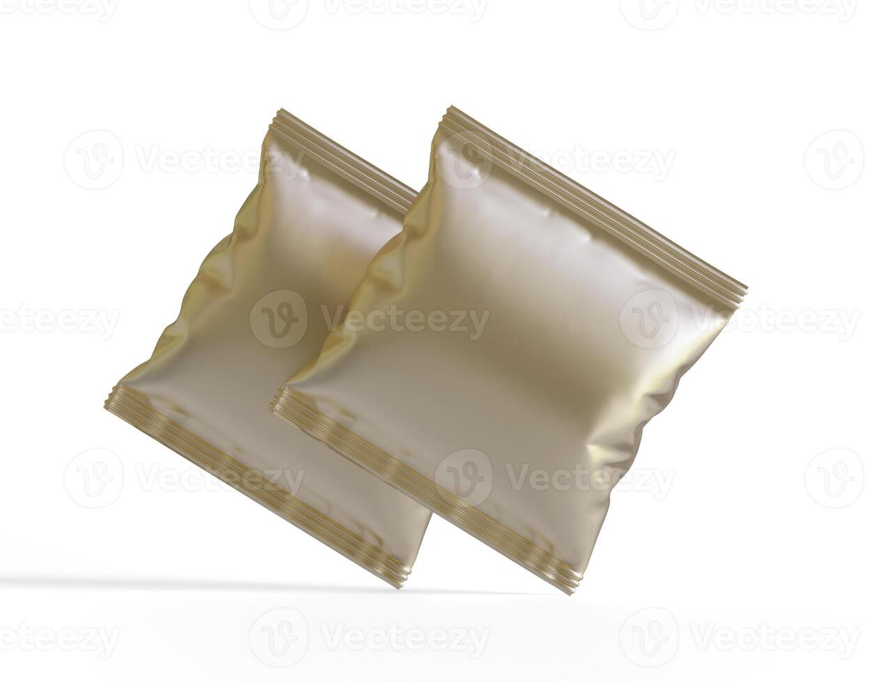 Blank white plastic and silver metallic foil bag for packaging design. Mockup template for food snack, chips, cookies, peanuts, candy. Realistic illustration Isolated on white background photo