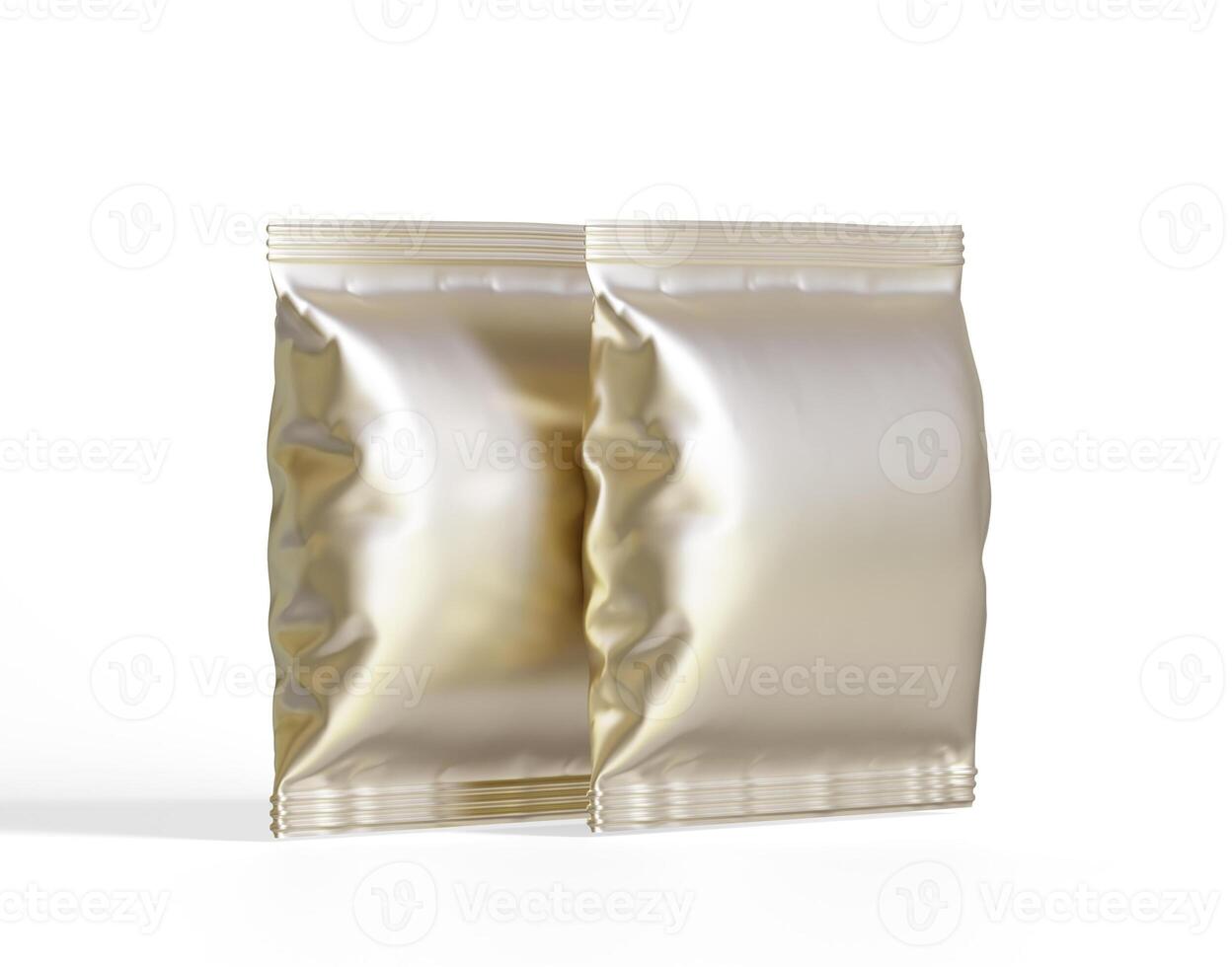 Blank white plastic and silver metallic foil bag for packaging design. Mockup template for food snack, chips, cookies, peanuts, candy. Realistic illustration Isolated on white background photo