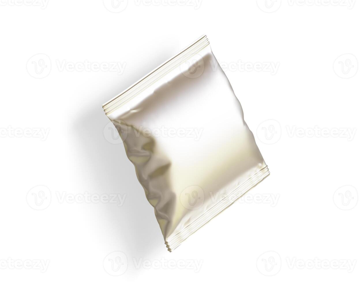 Blank white plastic and silver metallic foil bag for packaging design. Mockup template for food snack, chips, cookies, peanuts, candy. Realistic illustration Isolated on white background photo