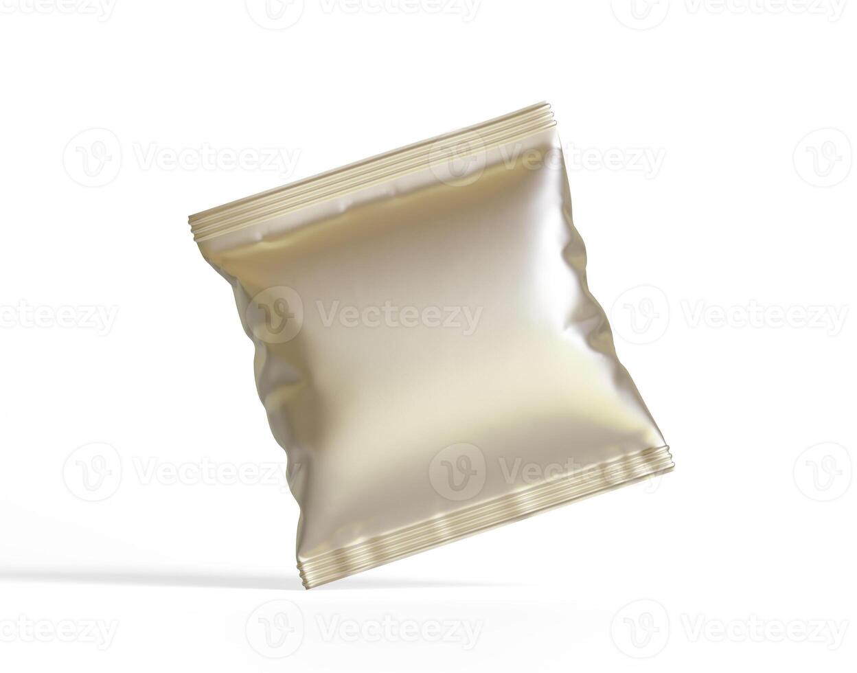 Blank white plastic and silver metallic foil bag for packaging design. Mockup template for food snack, chips, cookies, peanuts, candy. Realistic illustration Isolated on white background photo