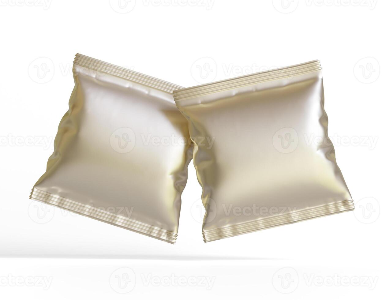 Blank white plastic and silver metallic foil bag for packaging design. Mockup template for food snack, chips, cookies, peanuts, candy. Realistic illustration Isolated on white background photo