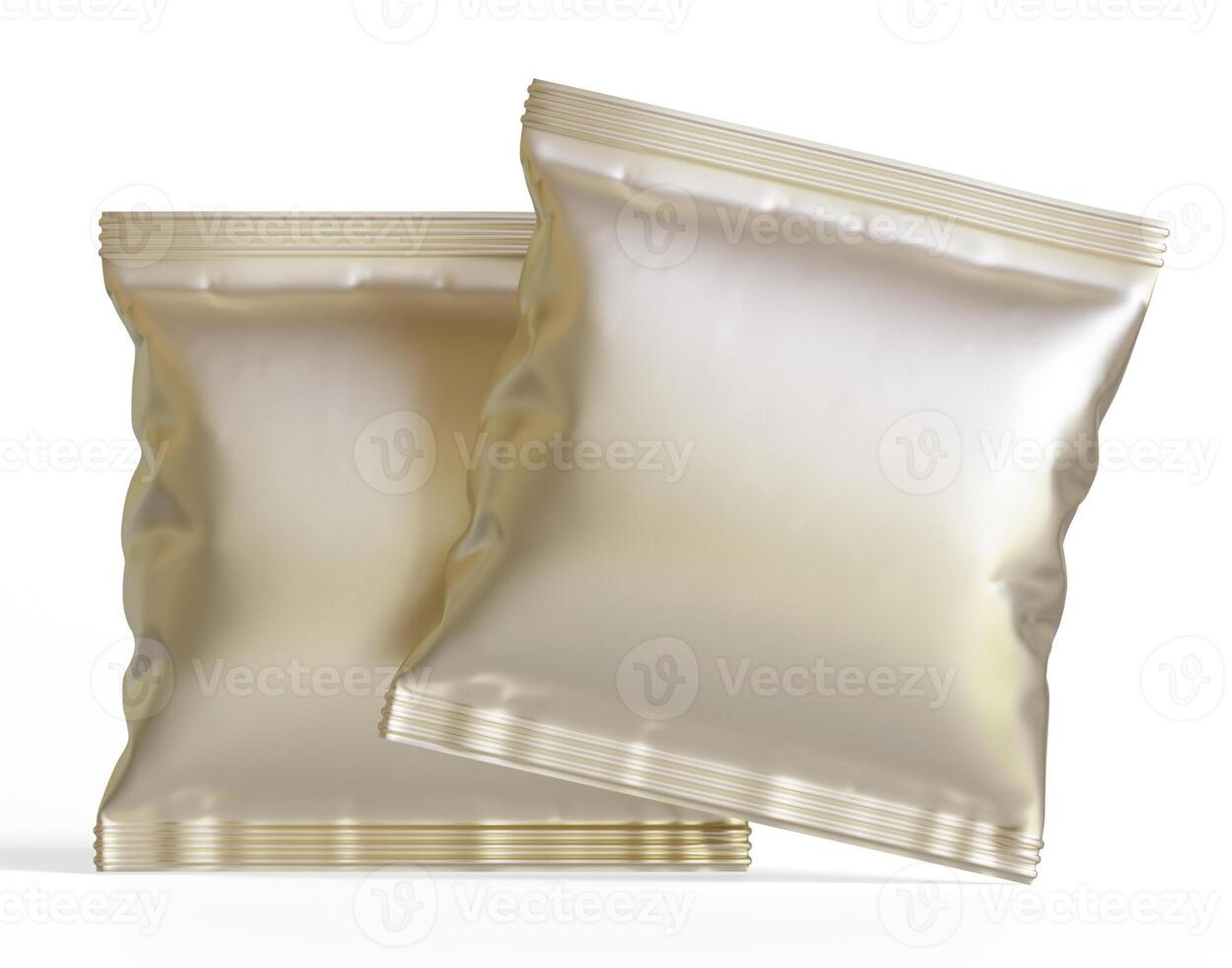 blanco blanco el plastico y plata metálico frustrar bolso para embalaje diseño. Bosquejo modelo para comida bocadillo, papas fritas, galletas, miseria, caramelo. realista ilustración aislado en blanco antecedentes foto