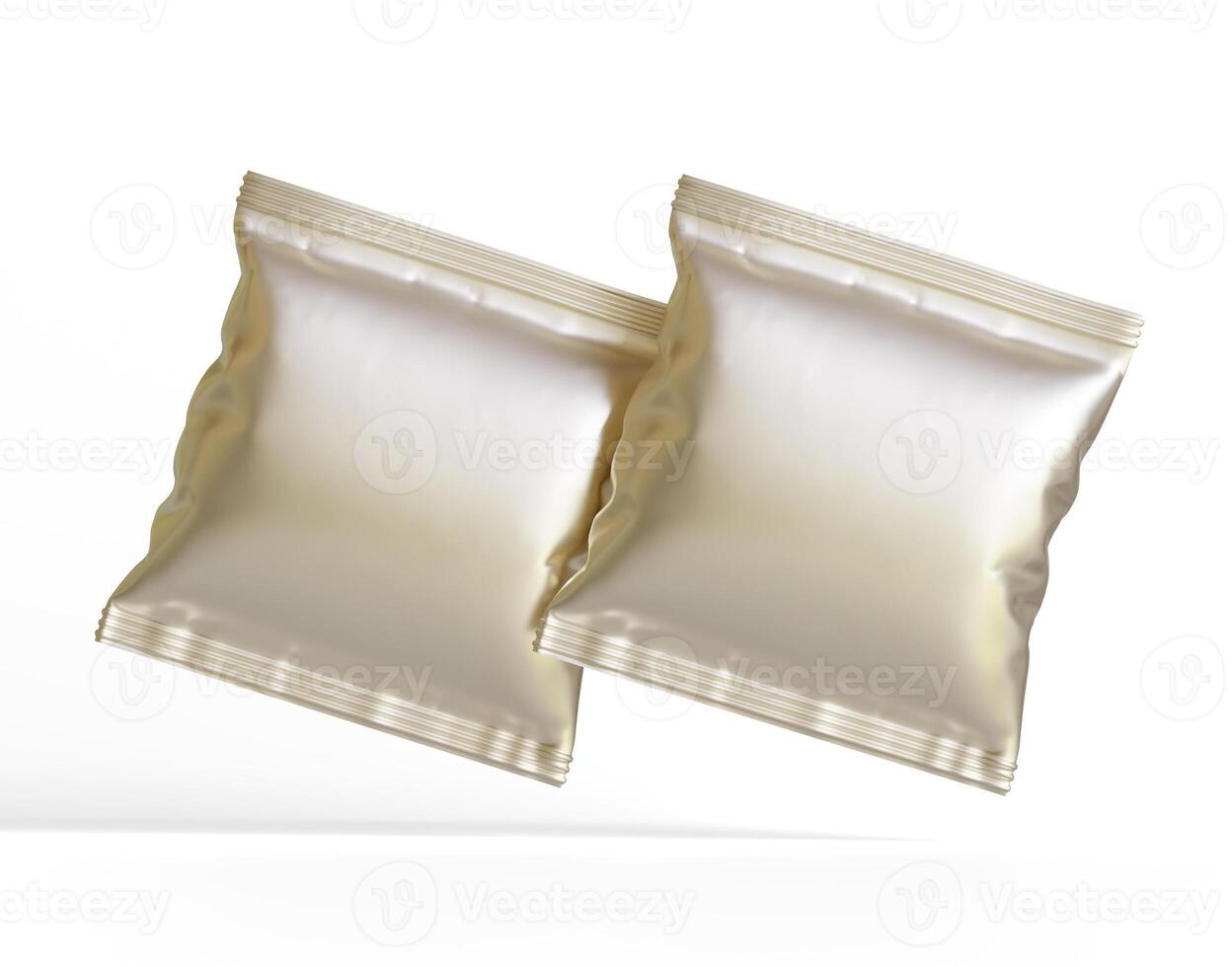 Blank white plastic and silver metallic foil bag for packaging design. Mockup template for food snack, chips, cookies, peanuts, candy. Realistic illustration Isolated on white background photo