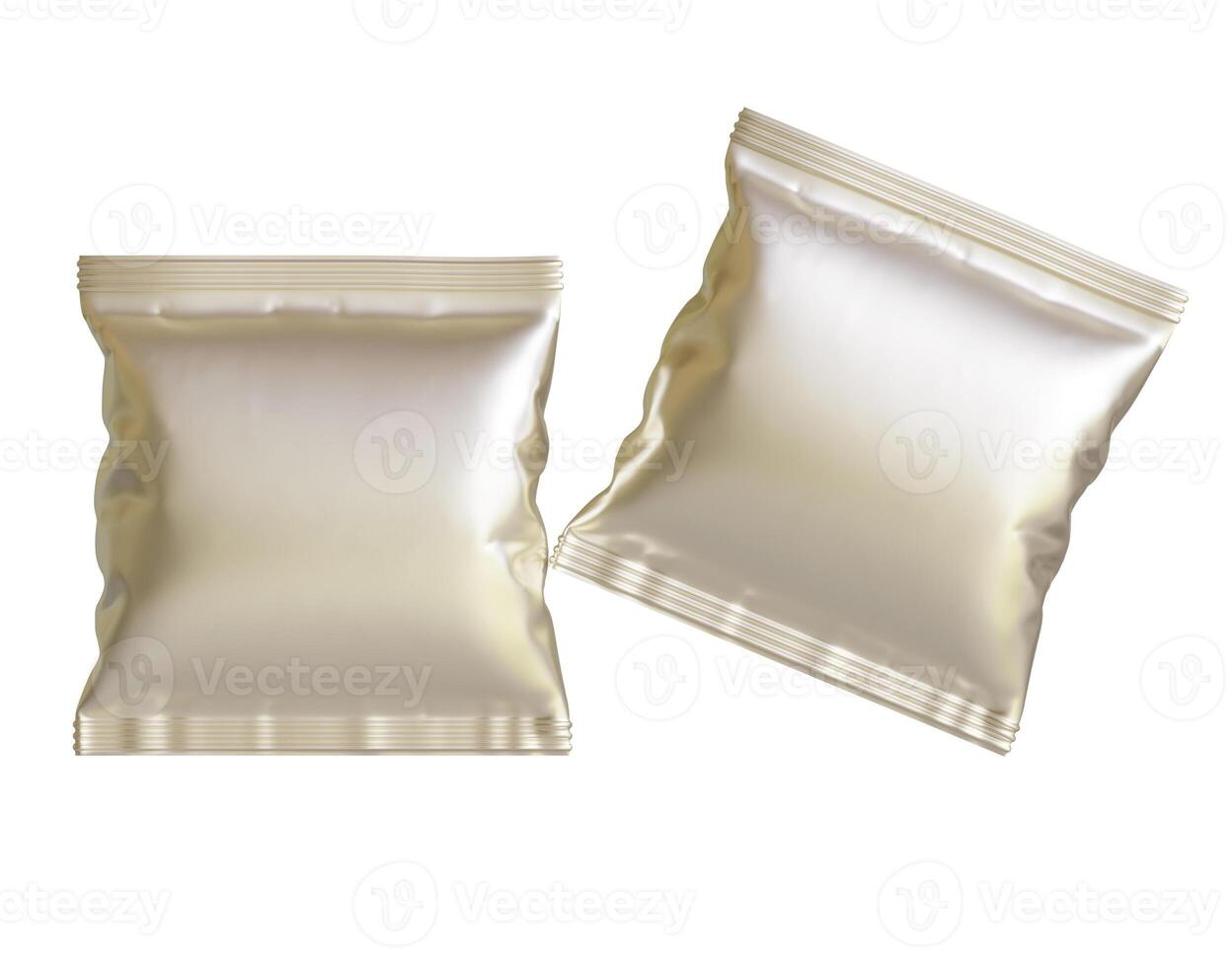 Blank white plastic and silver metallic foil bag for packaging design. Mockup template for food snack, chips, cookies, peanuts, candy. Realistic illustration Isolated on white background photo