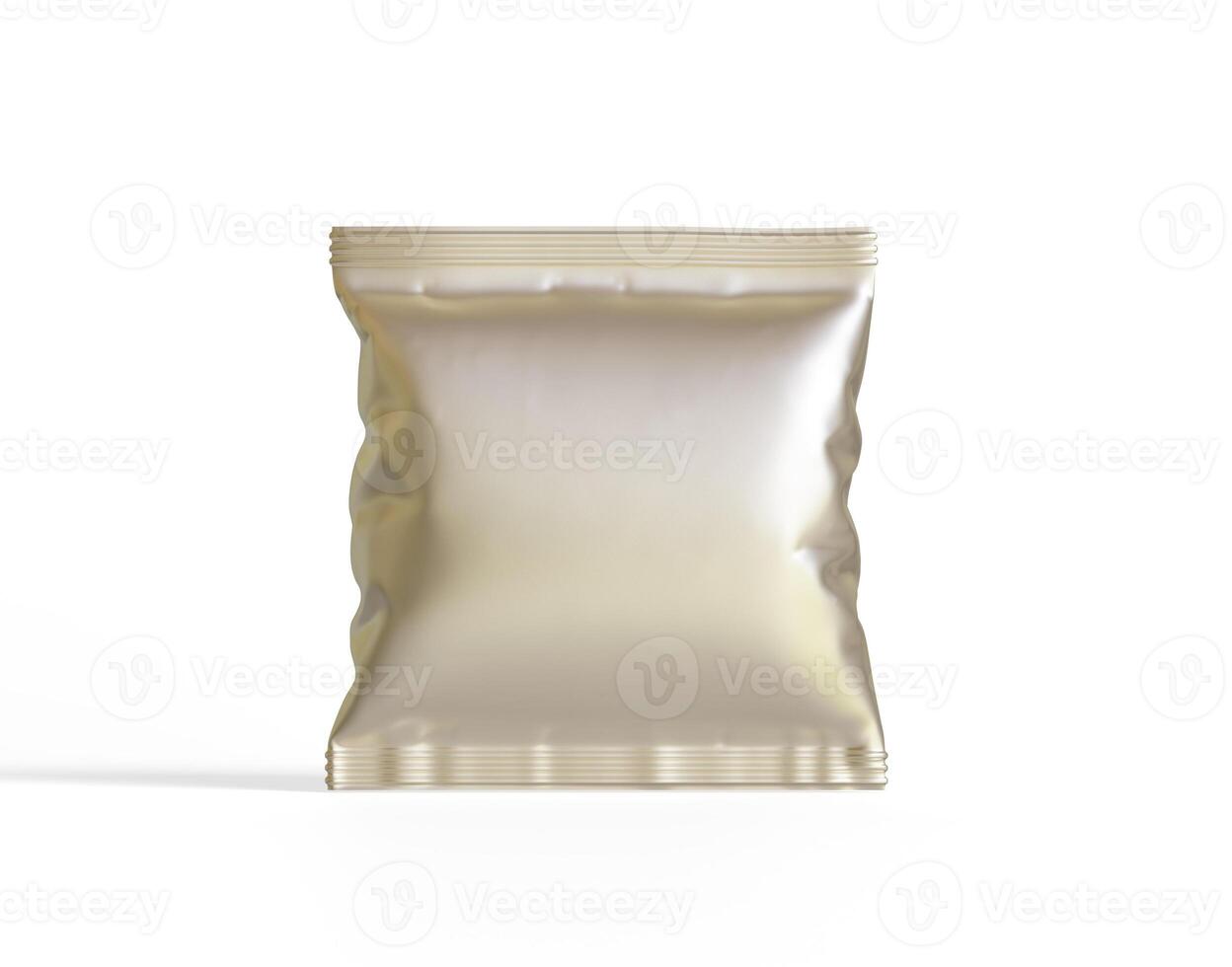 blanco blanco el plastico y plata metálico frustrar bolso para embalaje diseño. Bosquejo modelo para comida bocadillo, papas fritas, galletas, miseria, caramelo. realista ilustración aislado en blanco antecedentes foto