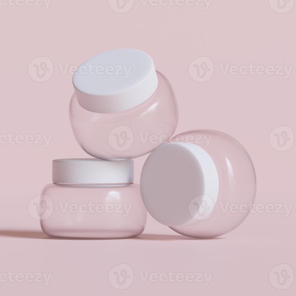 Beauty cosmetic on background color, face care cream, dropper, brush on for healthy make up. Product container design bottles. Skin care products on empty background photo