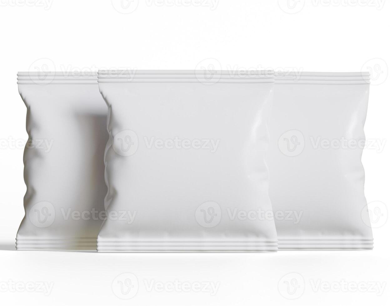 blanco el plastico bocadillo bolso Bosquejo, blanco patata papas fritas envase, 3d representación aislado en blanco antecedentes foto