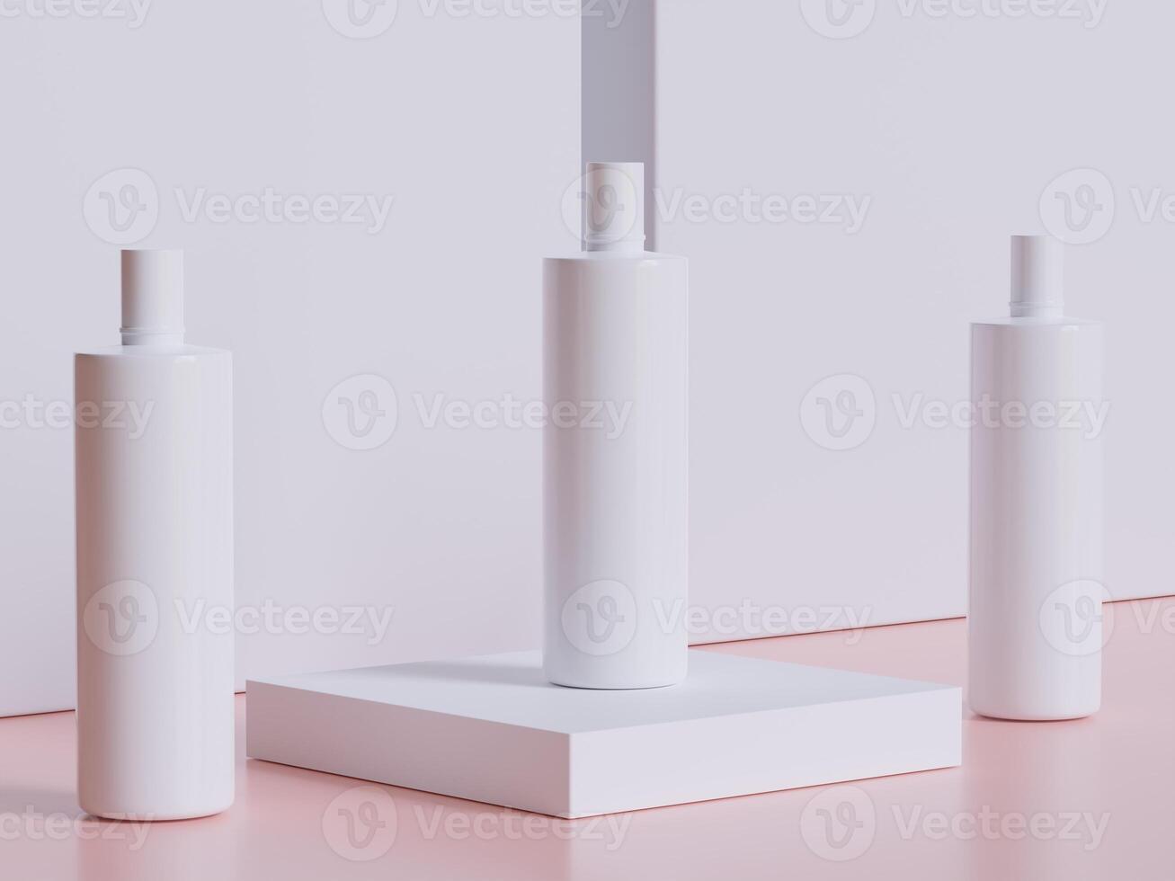 Realistic cosmetic packaging, Beauty product container set, plastic bottle illustration blank. spray bottle, cream tube and jar mockup collection on the podium 3D. Clear spa hygiene object photo